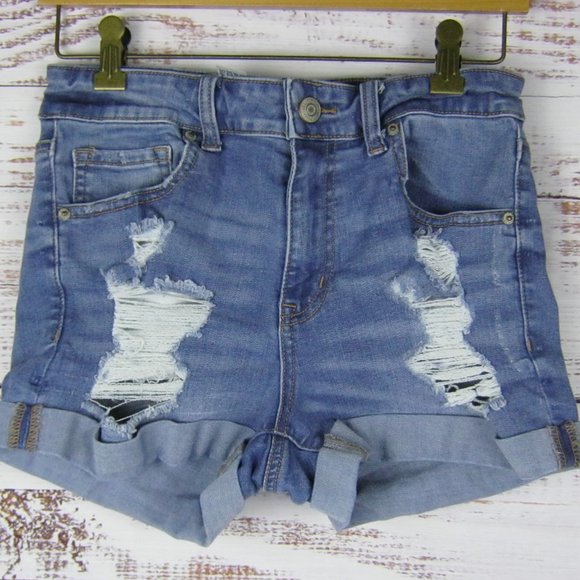 Pantaloncini Jeans Donna Aeropostale Midi Distrutto (Destroyed) - Denim Blu Lavaggio Medio